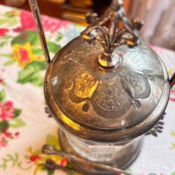 E.G. Webster Antique Triple Plate Victorian Etched Pickle Castor Jar with Tongs - Picture 9 of 15